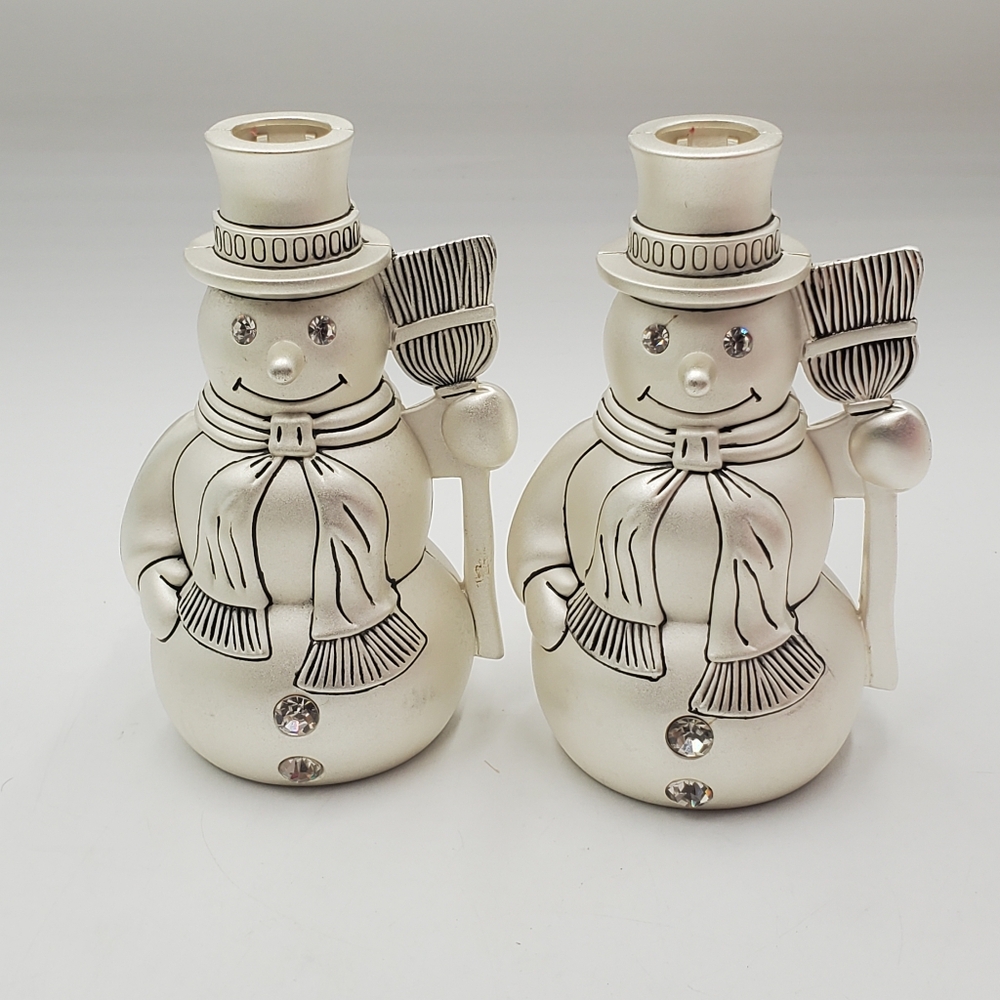 GODINGER SILVER PLATED SNOWMAN Candle Holders Crystal Stones Set Of 2